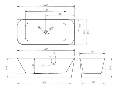 Акриловая ванна Abber 160х75 см AB9331-1.6 R, белый - 5 изображение