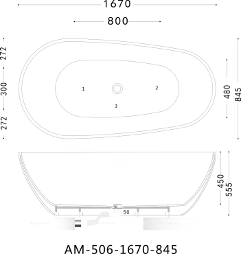 Акриловая ванна Art&Max 170х80 см AM-506-1670-845, белый - 5 изображение