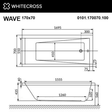 Акриловая ванна 170х70 см Whitecross Wave 0101.170070.100.ULTRANANO.GL белая - 3 изображение