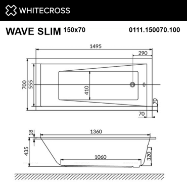Акриловая ванна 150х70 см Whitecross Wave Slim Line Nano 0111.150070.100.LINENANO.CR с гидромассажем - 4 изображение