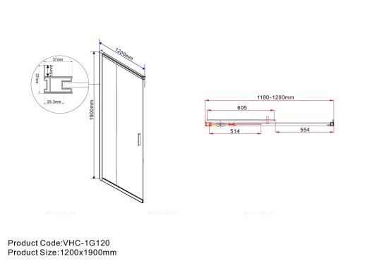 Душевой уголок Vincea Garda VSS-1G1012CH, 1200*1000, хром, стекло шиншилла - 5 изображение