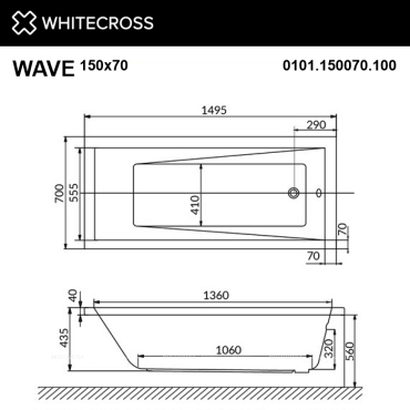 Акриловая ванна 150х70 см Whitecross Wave Line Nano 0101.150070.100.LINENANO.CR с гидромассажем - 3 изображение