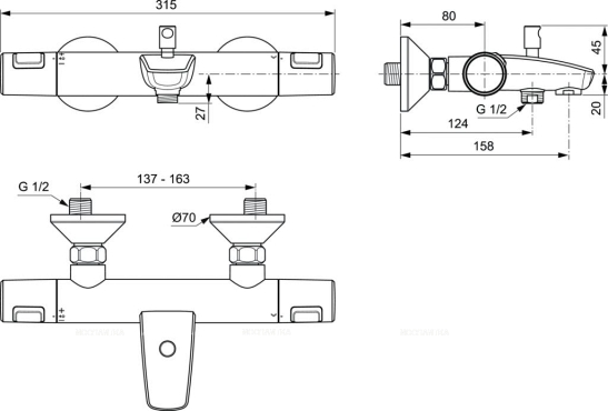 Душевой комплект Ideal Standard Ceratherm T25 3 в 1 BC984AA - 7 изображение