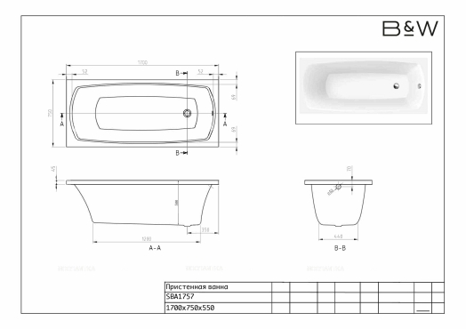 Акриловая ванна 170х75 см Black&White Swan SBA 1757 глянцевый белый - 7 изображение